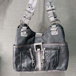Rosetti Black Taupe Faux Leather Shoulder Bag Hobo Purse Multi Pocket 8x12x5"